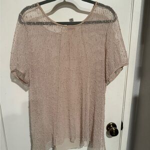 Mirror Image Sheer Open-Knit Short Sleeve Tunic in Blush